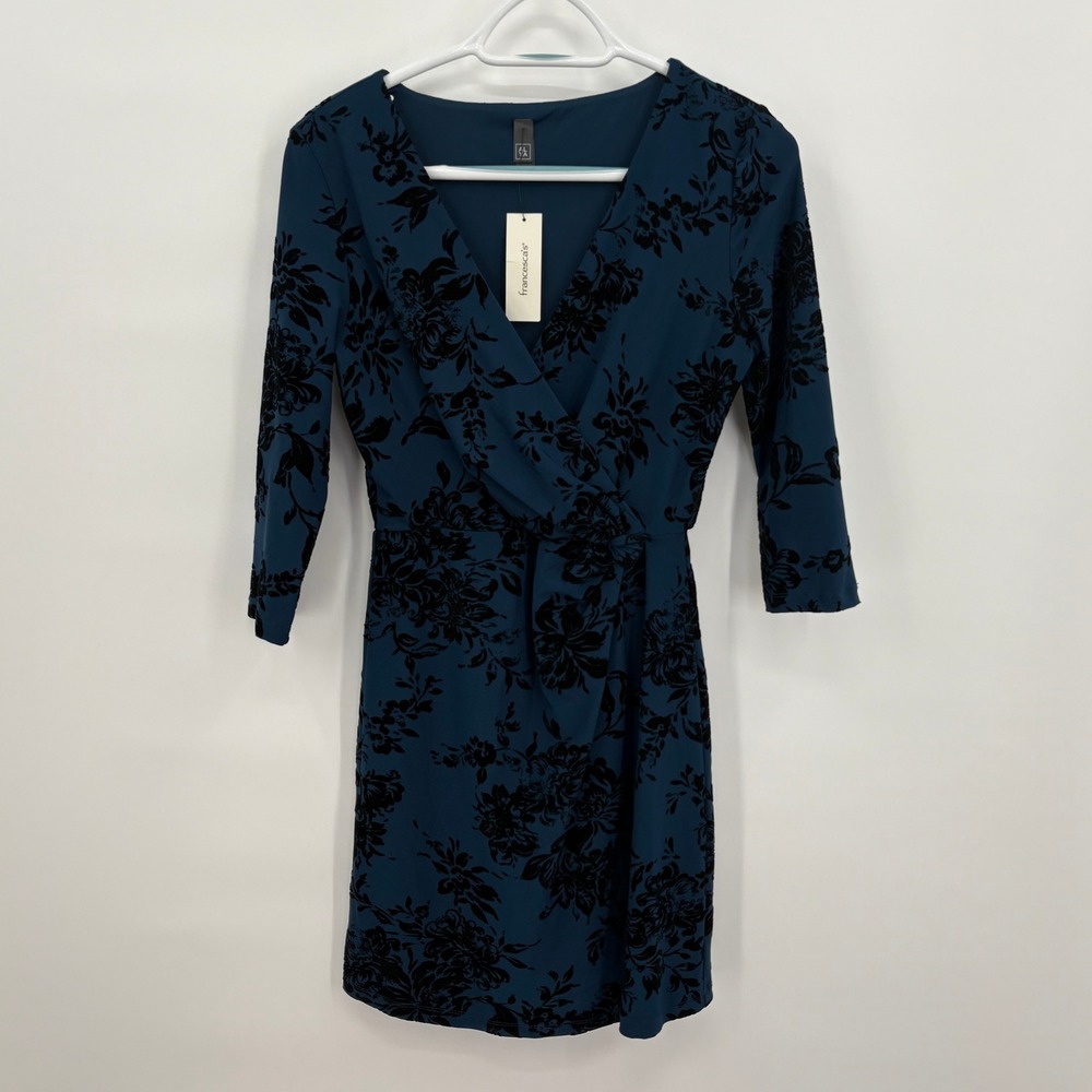 Francesca's Alya Teal Blue Black Flocked Floral Wrap Dress XXS WS40108-1 NEW